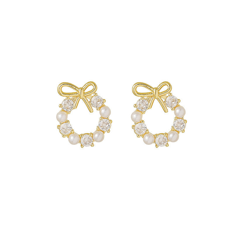 Dainty French Style Bow Pearl Studs