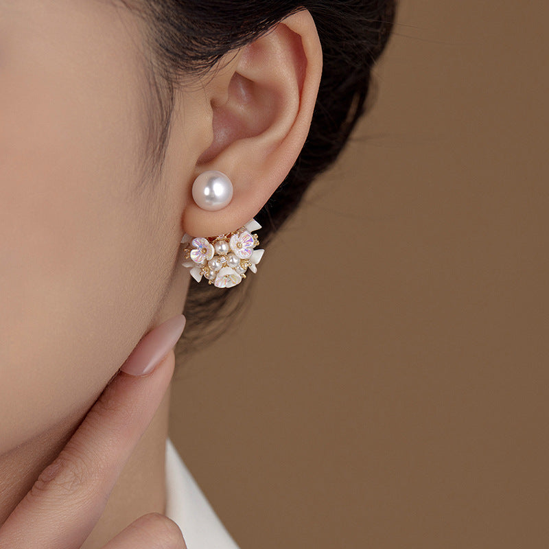 Elegant Pearl Flower Front Back Ear Jacket Earrings 