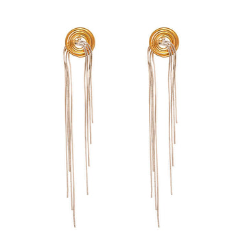 Gold Silver 2 Tones Metallic Spiral Tassel Long Chain Earrings