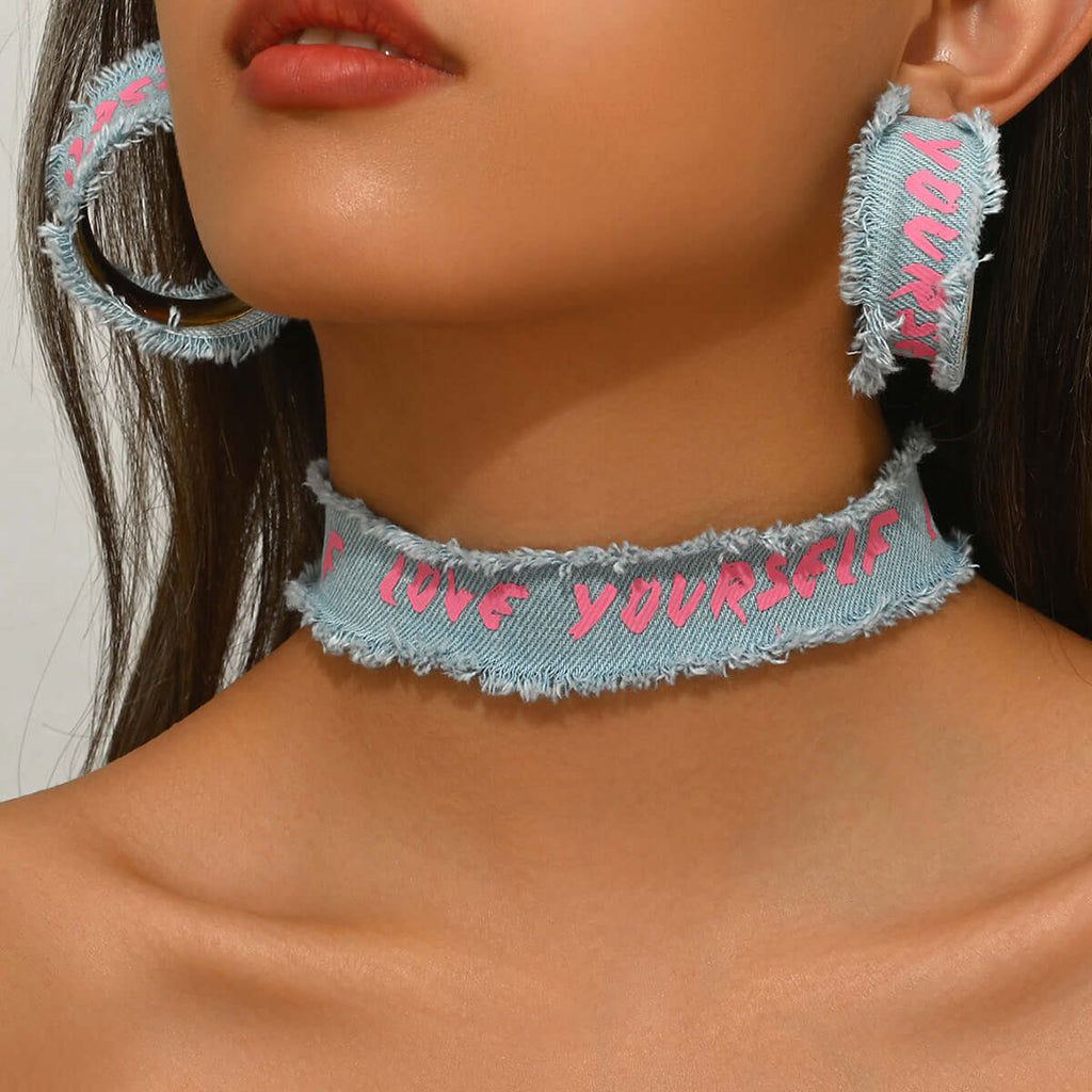 Chunky Denim Hoop Earring Y2K Choker Set