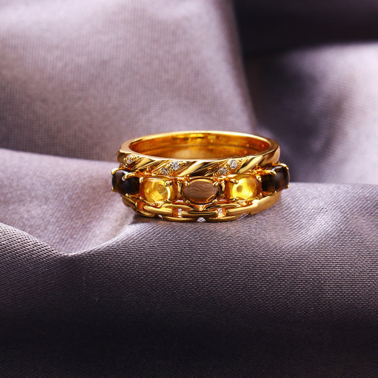 Vintage Citrine Smoky Quartz Stacking Chain Ring Set