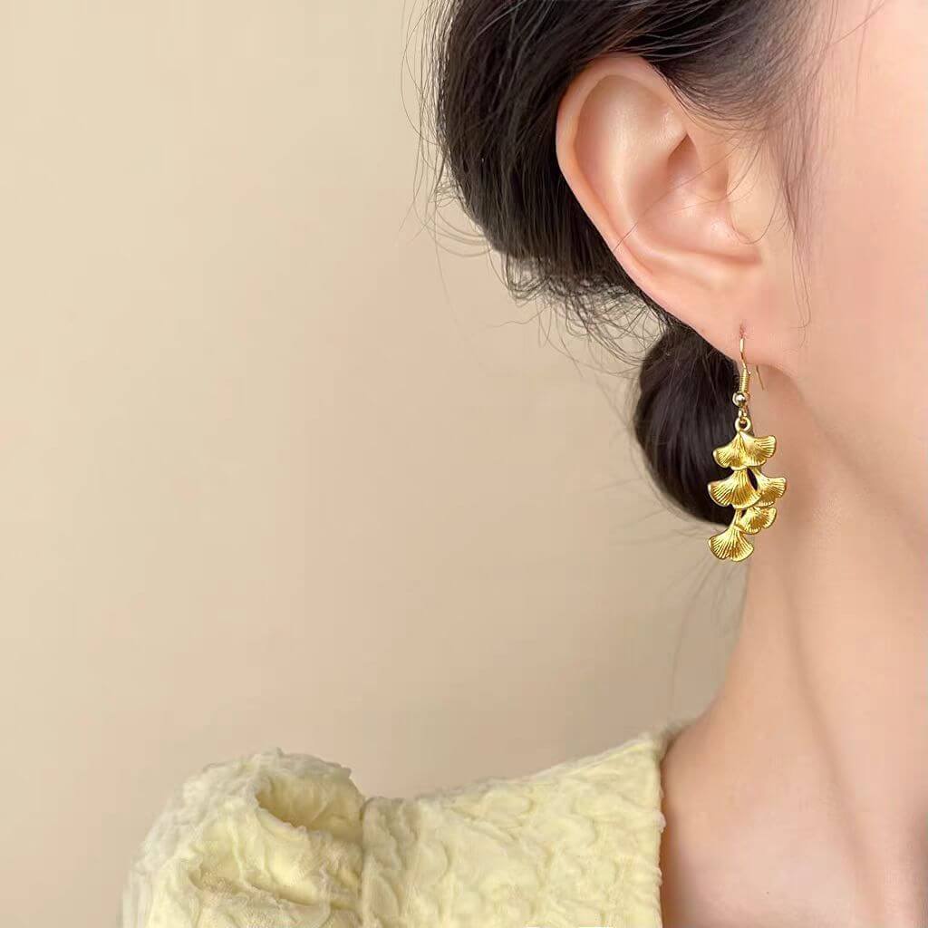 Golden Ginkgo Leaf Dangle Earrings