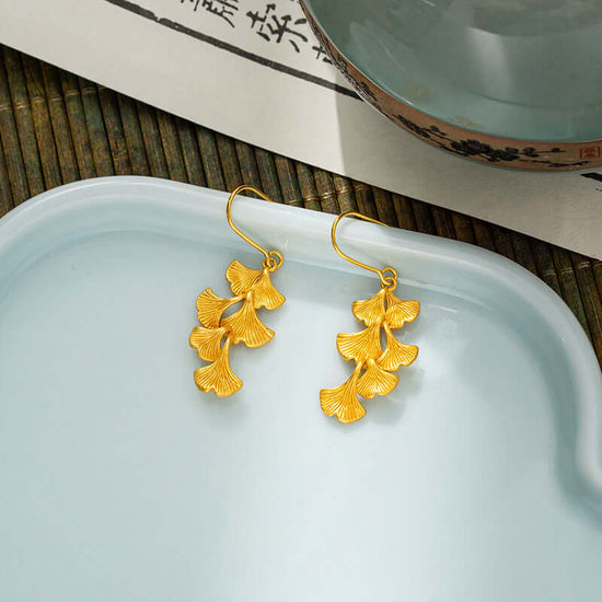 Golden Ginkgo Leaf Dangle Earrings