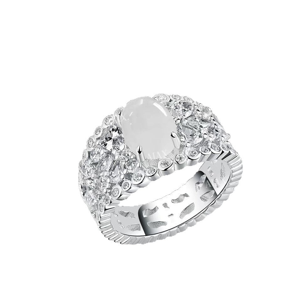 White Chalcedony Halo Statement Ring