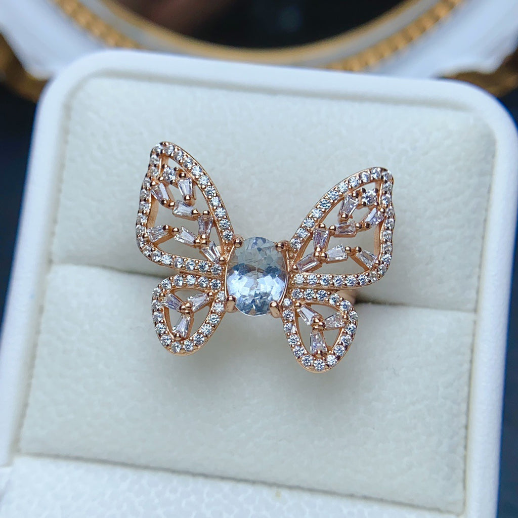 18K Gold Butterfly Aquamarine Crystal Ring