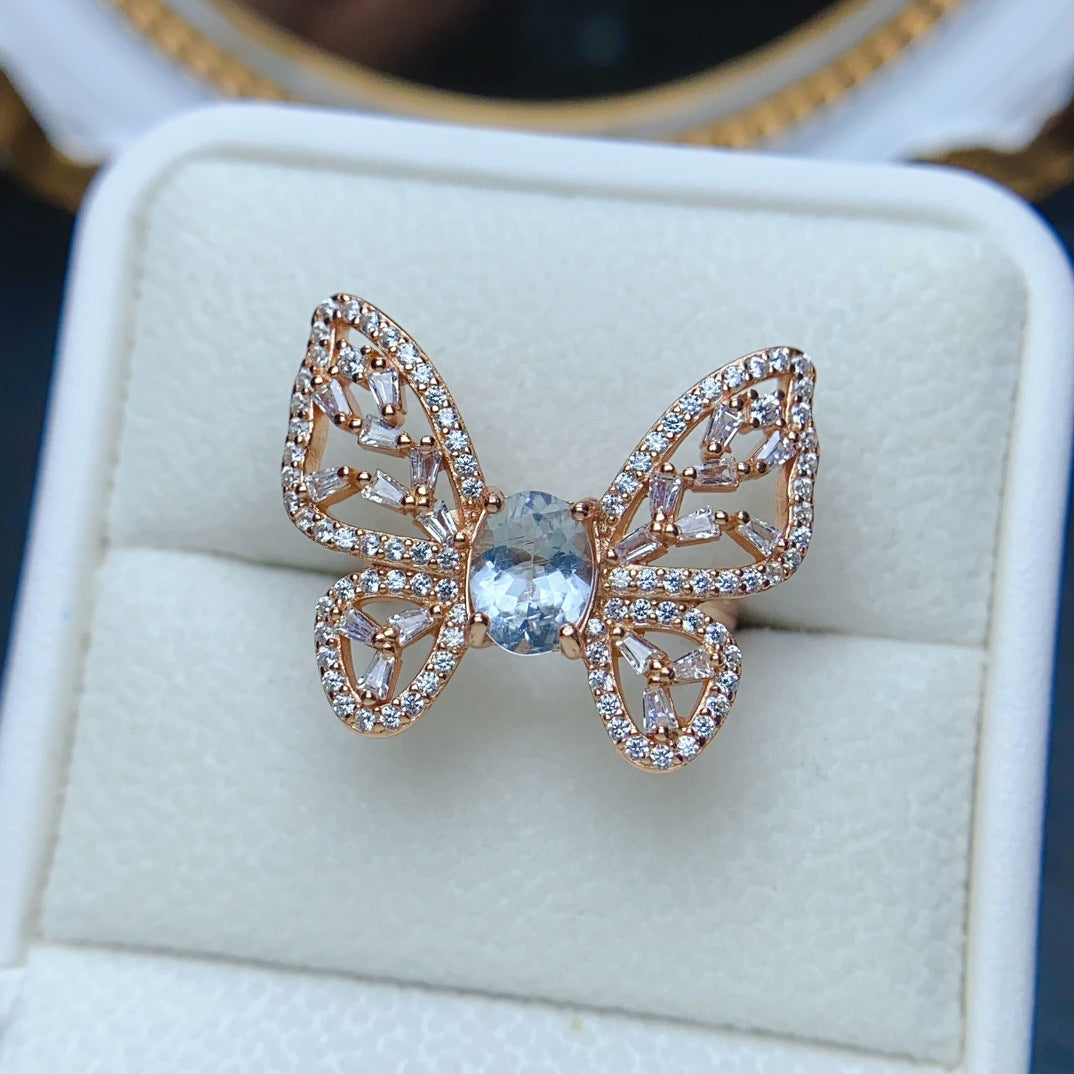 18K Gold Butterfly Aquamarine Crystal Ring
