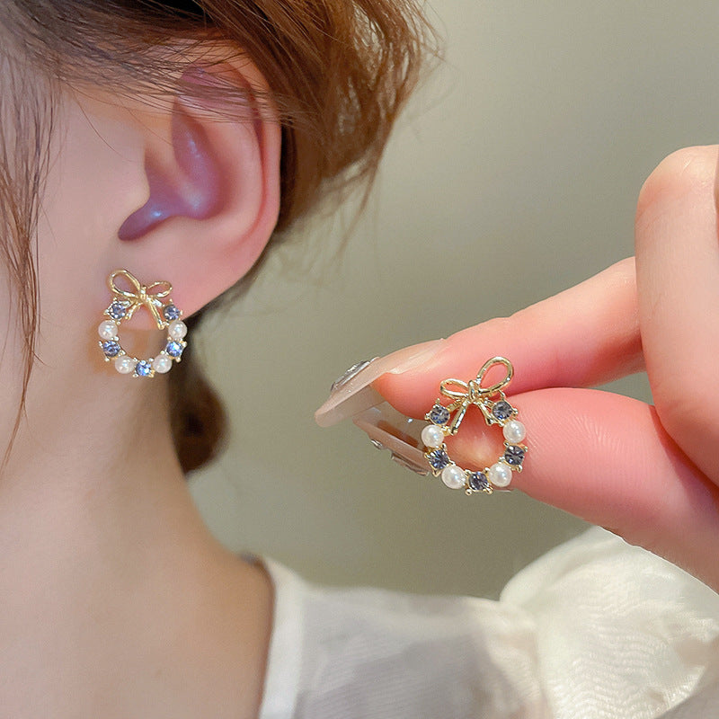 Dainty French Style Bow Pearl Studs