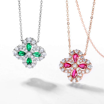 Retro Lab Crafted Emerald Ruby Clover Necklace
