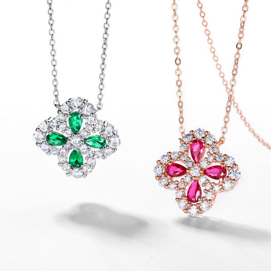 Retro Lab Crafted Emerald Ruby Clover Necklace
