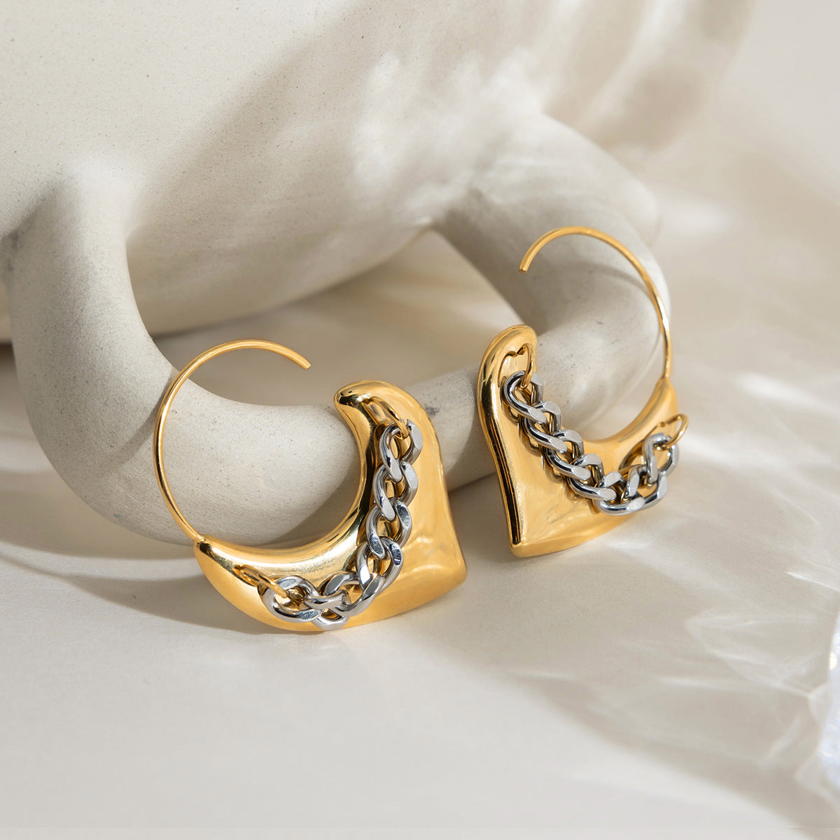 Gold Silver Chain Heart Lever Back Earrings