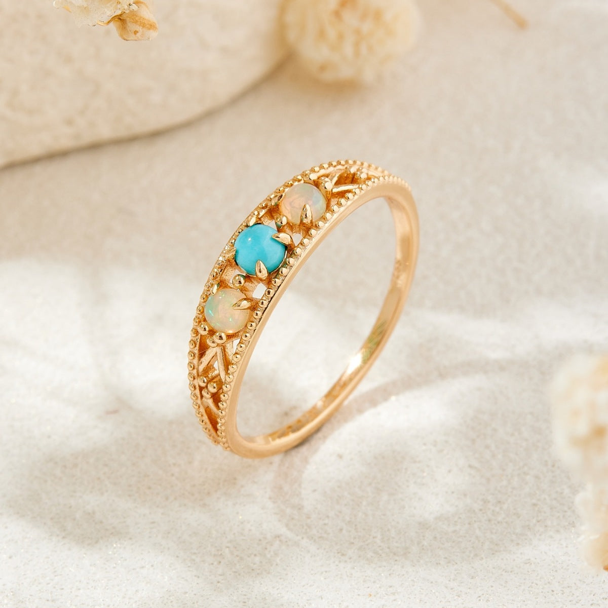 Ethnic Opal Turquoise Filigree Band Ring