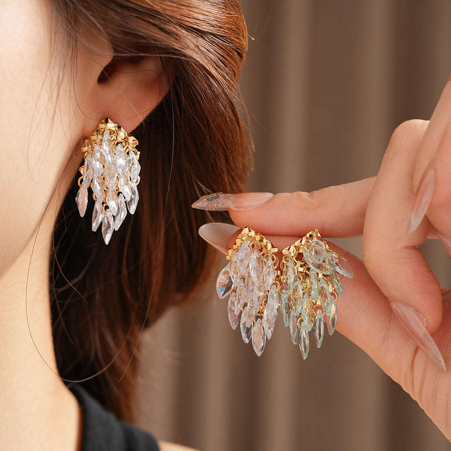 Classic Crystal Leaf Tassel Earrings