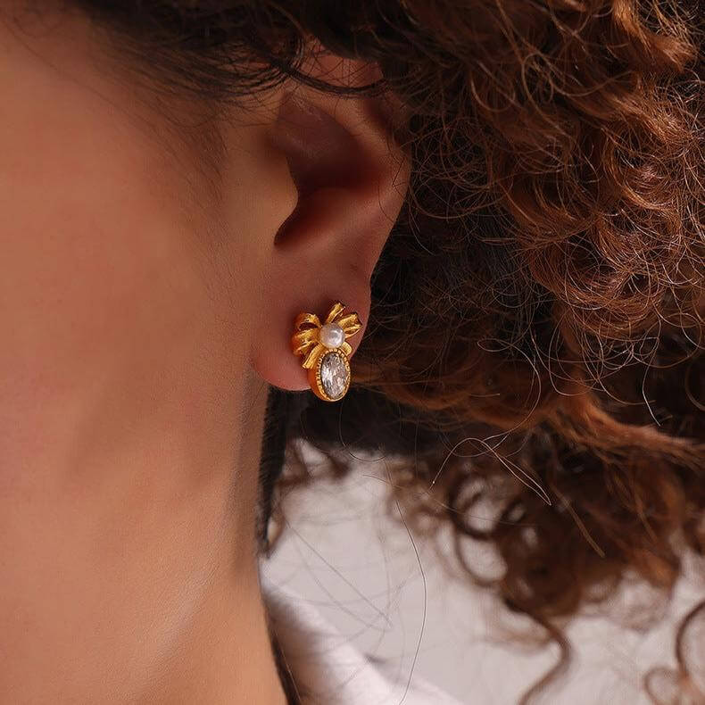 Antique Pearl Bow French Style Stud Earrings