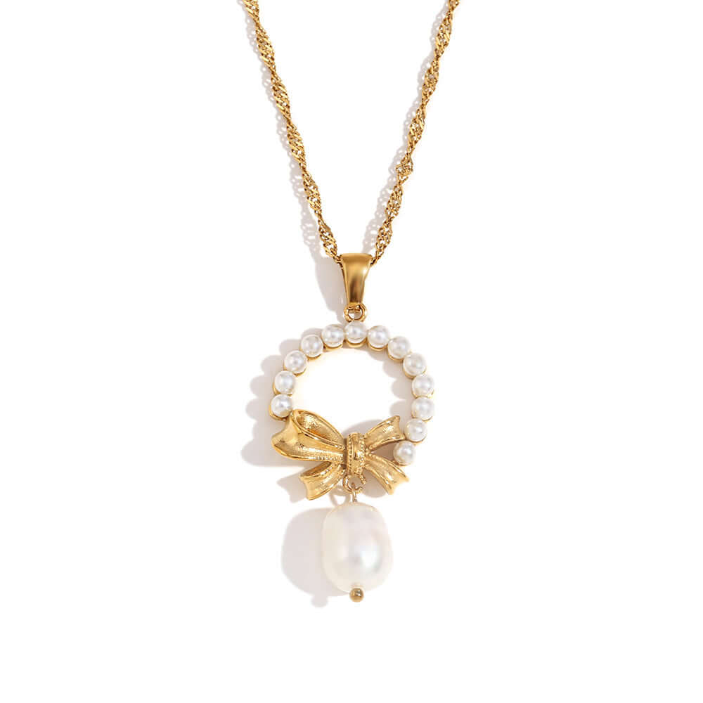 Feminine Pearl Bow Pendant Necklace