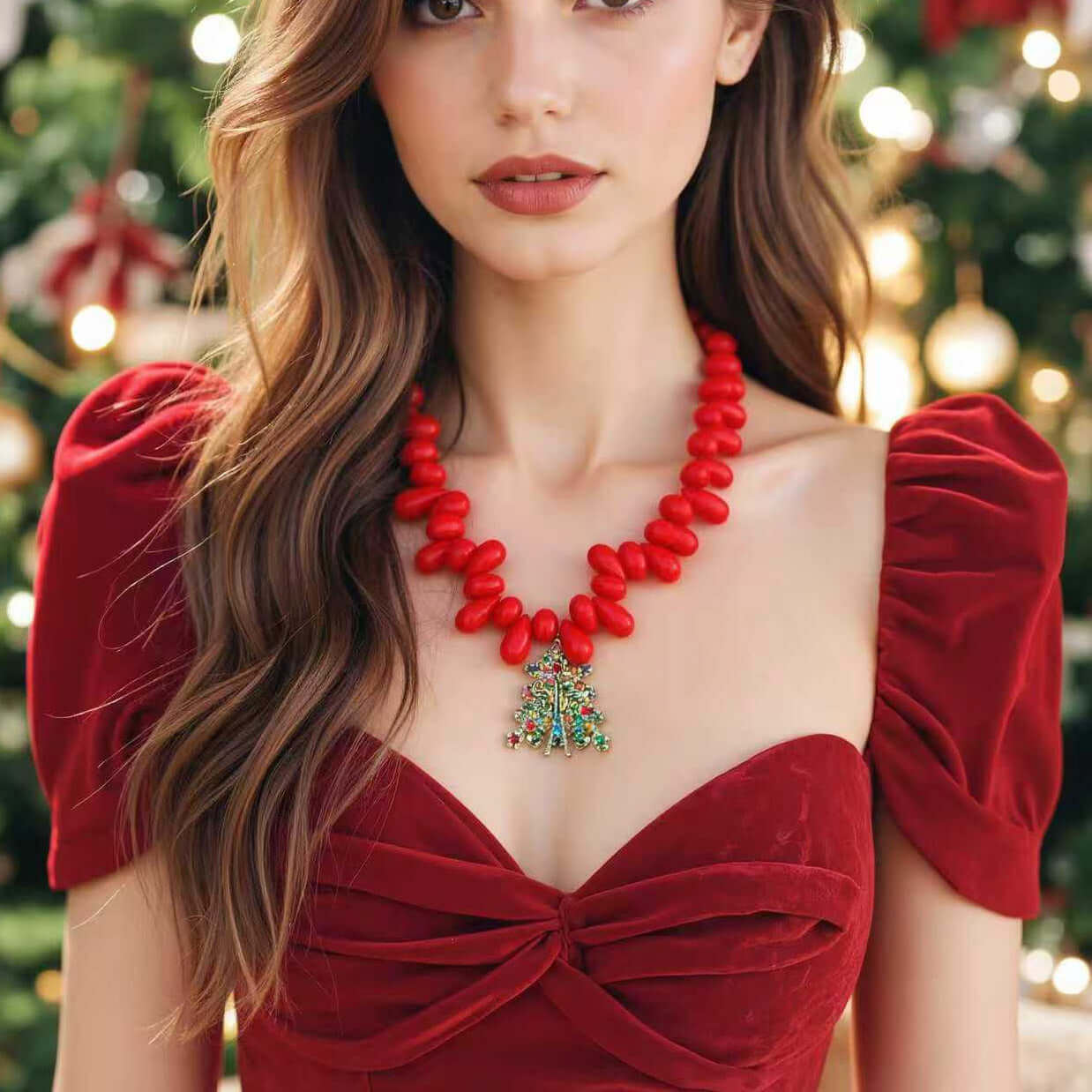 Handcraft Woven Knit Red Wine Xmas Necklace