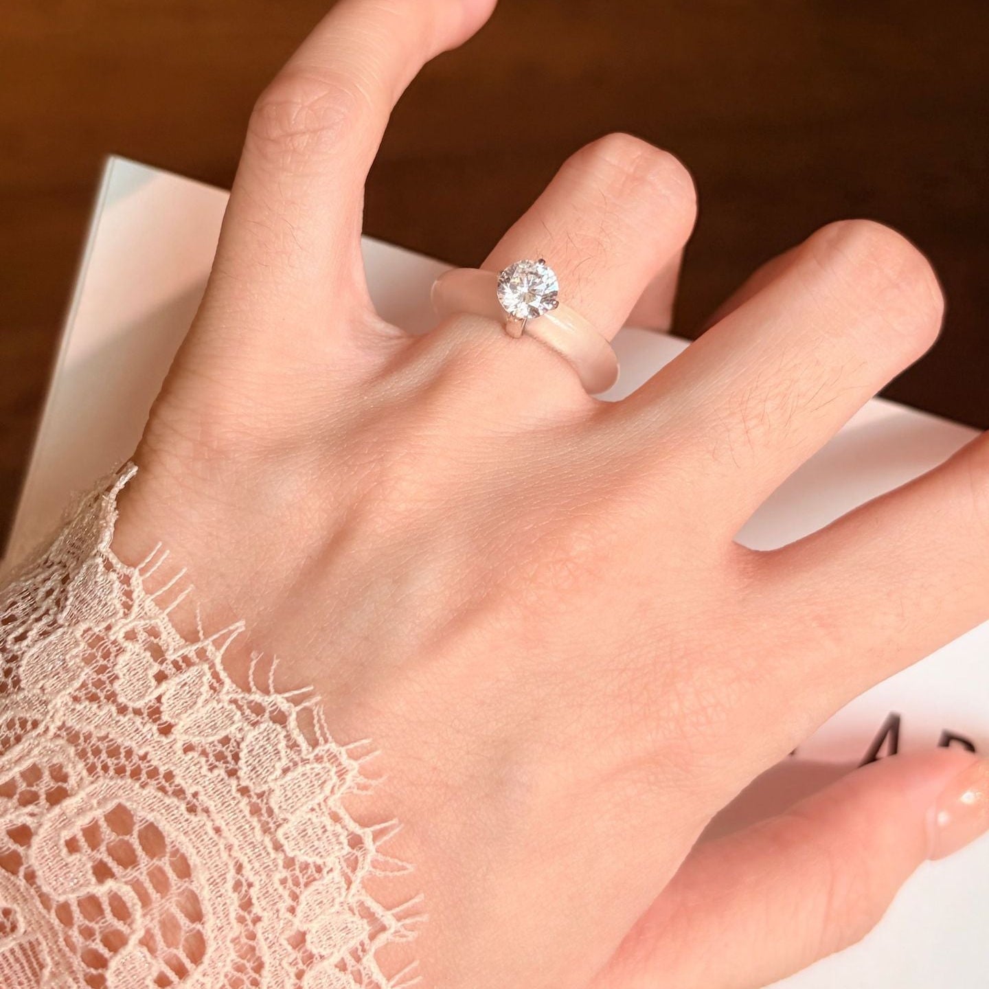 Translucent White Chalcedony Crystal Ring with Zircon