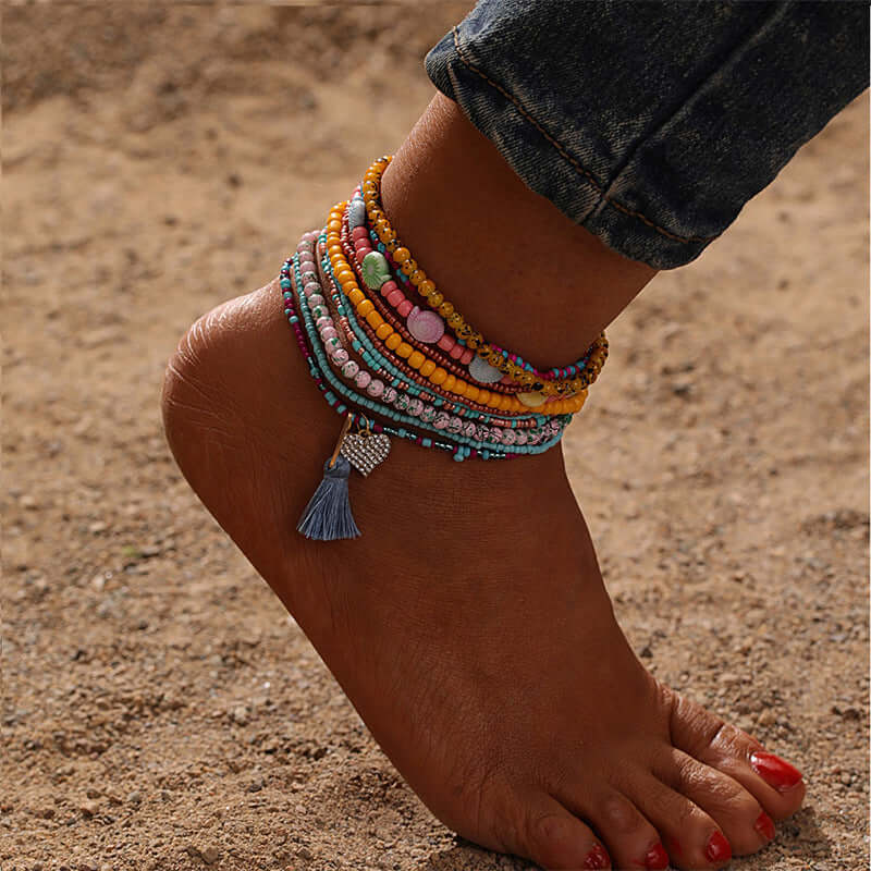 Bohemian Layered Glass Bead Tassel Anklet Chain