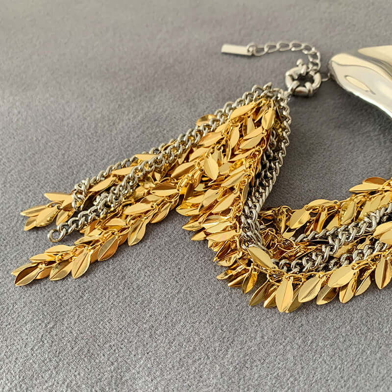 Exaggerate Metallic Two Tone Leaf Statement Bracelet