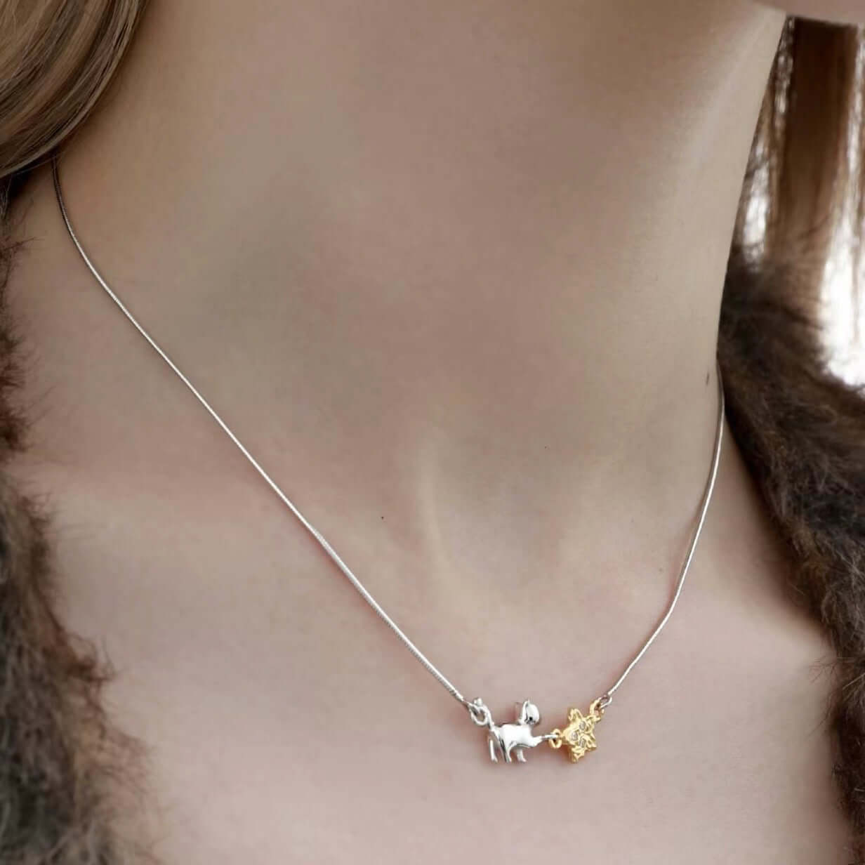 Cat Reaching Star Silver Necklace