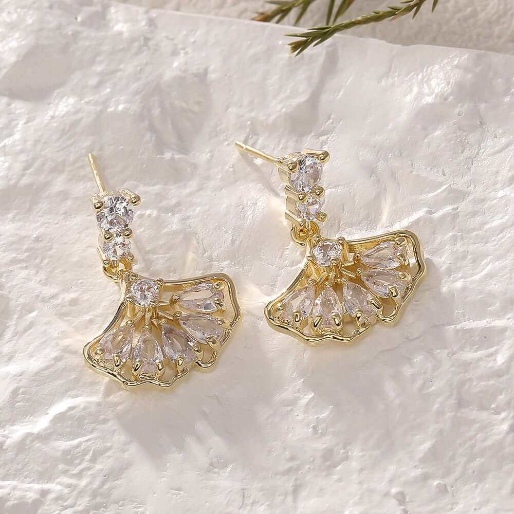 Fan Shape Ginkgo Leaf CZ Drop Earring