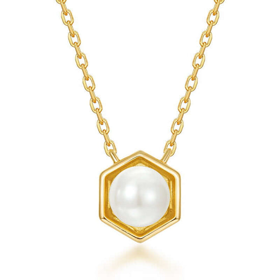 Hexagon Bezel Birth Month Pearl Gemstone Necklace