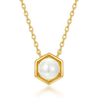 Hexagon Bezel Birth Month Pearl Gemstone Necklace