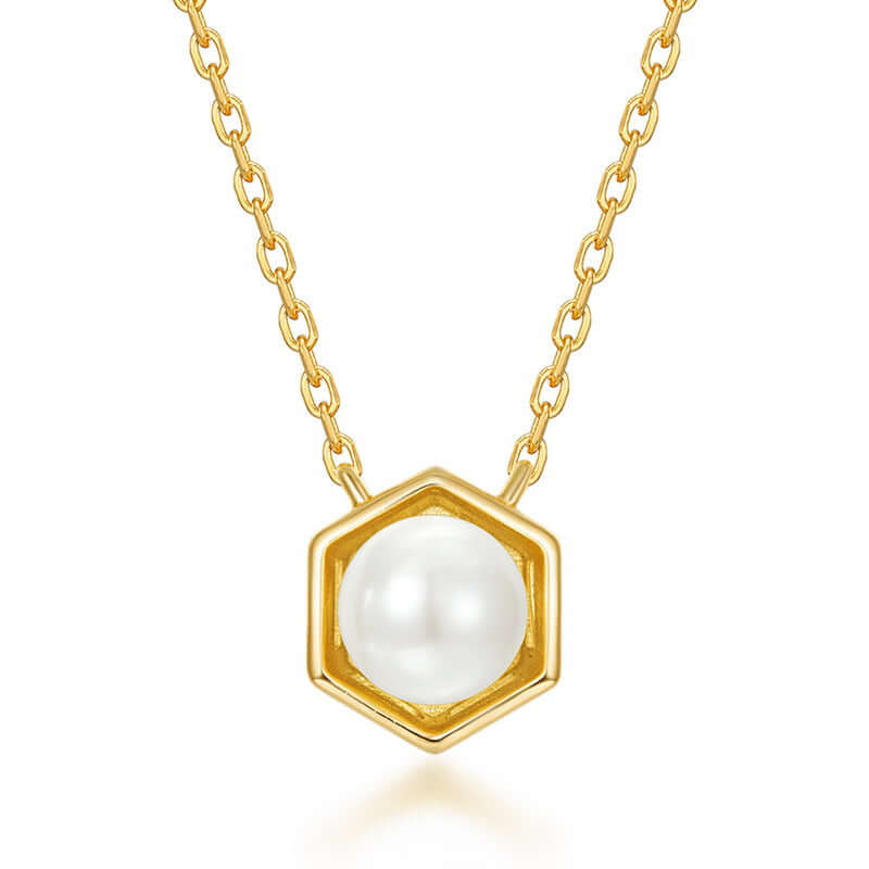 Hexagon Bezel Birth Month Pearl Gemstone Necklace