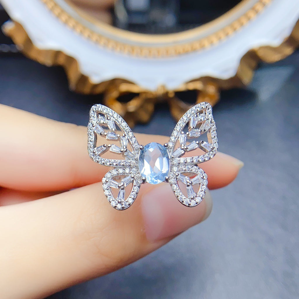 18K Gold Butterfly Blue Topaz Crystal Ring