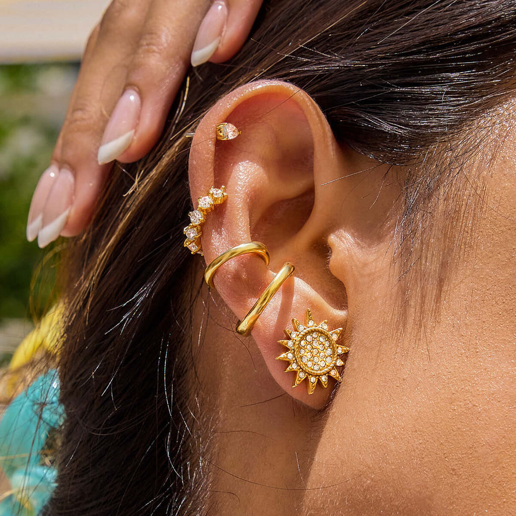 Sun Moon Stud with Plain Ear Cuff