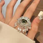 Chunky Evil Eye Cocktail Thumb Ring with Pearl Tassel