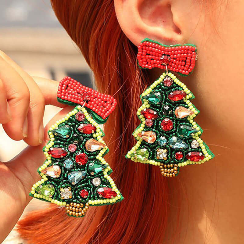 Handcraft Woven Glass Bead Xmas Tree Earrings