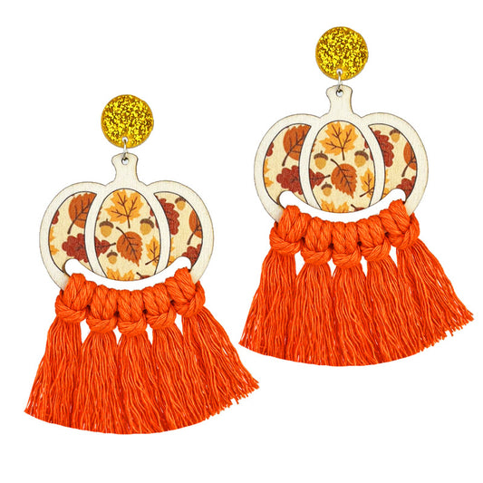 Thanksgiving Woven Turkey Pumpkin Tassel Fall Autumn Earrings