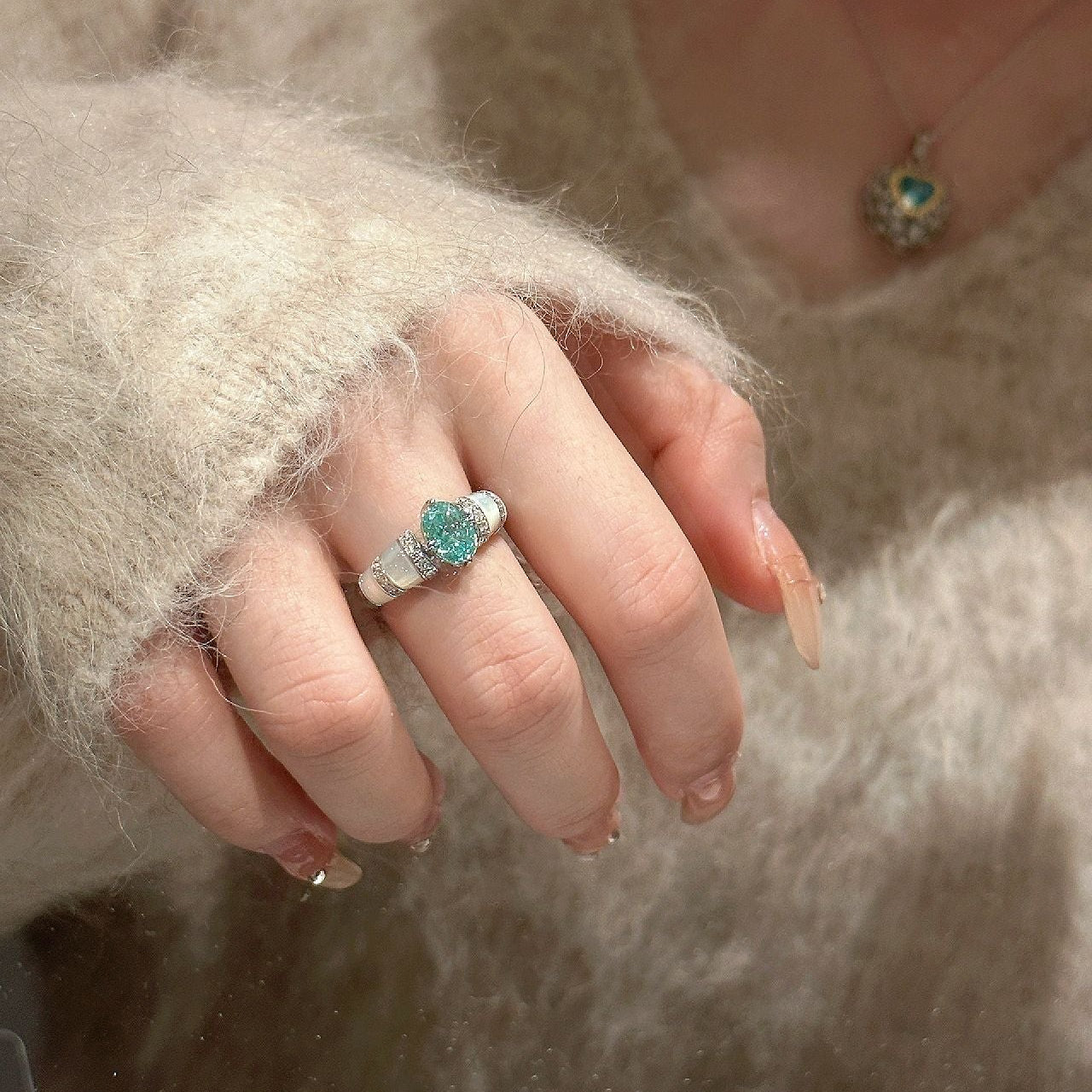 Paraiba-Inspired Blue Green Crystal Vintage Halo Ring