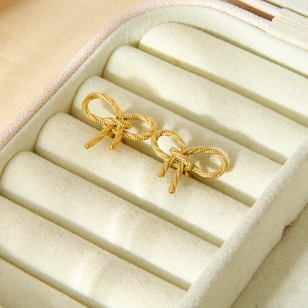 Mini Gold Bow Textured Knot Ribbon Stud Earrings