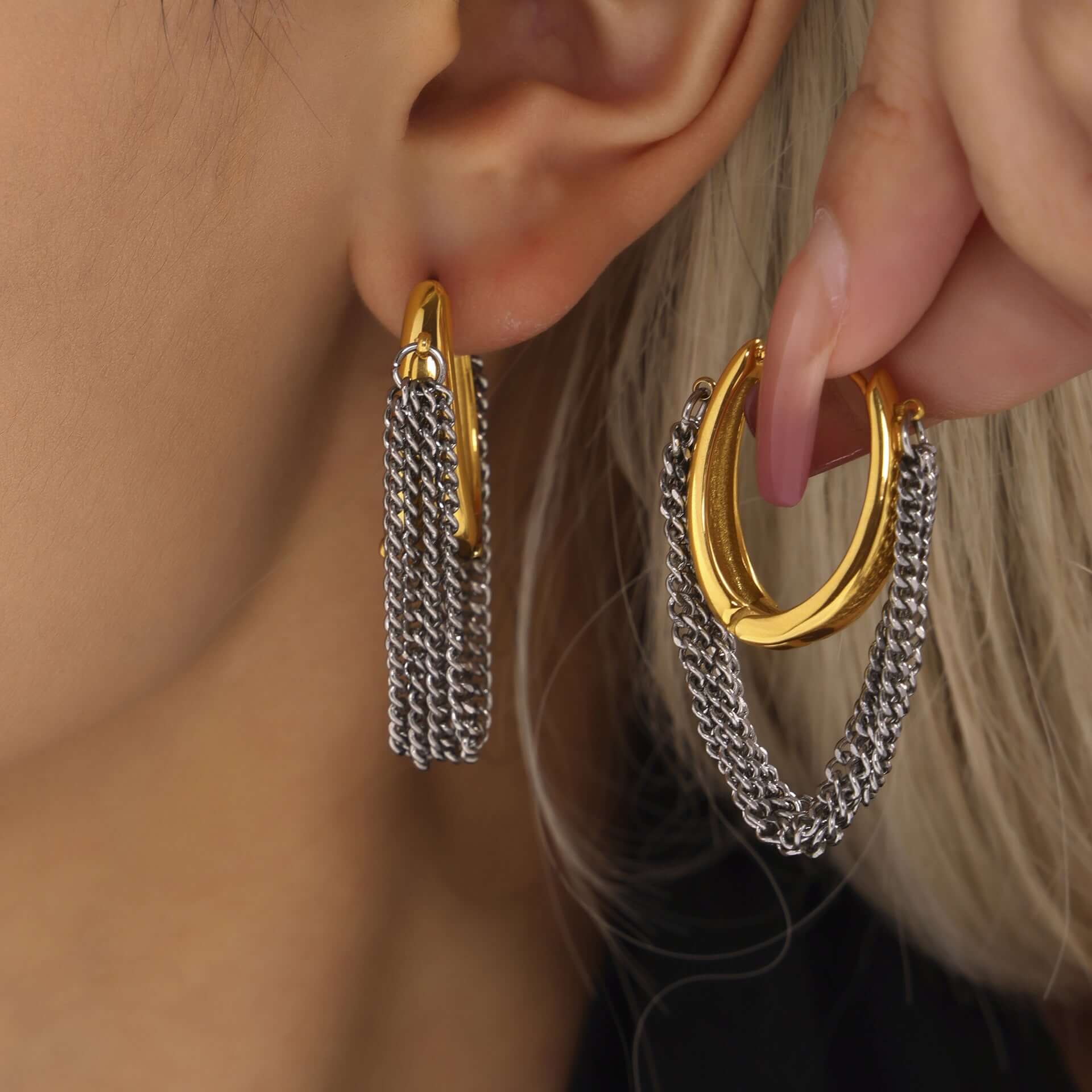 Gold Silver Duo Tone Tassel Chain Earrings