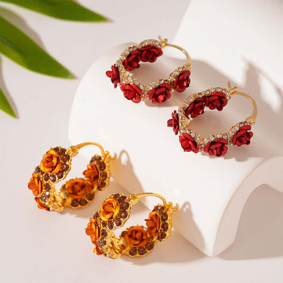 Romantic French Falling Rose Lever Back Hoop Earrings