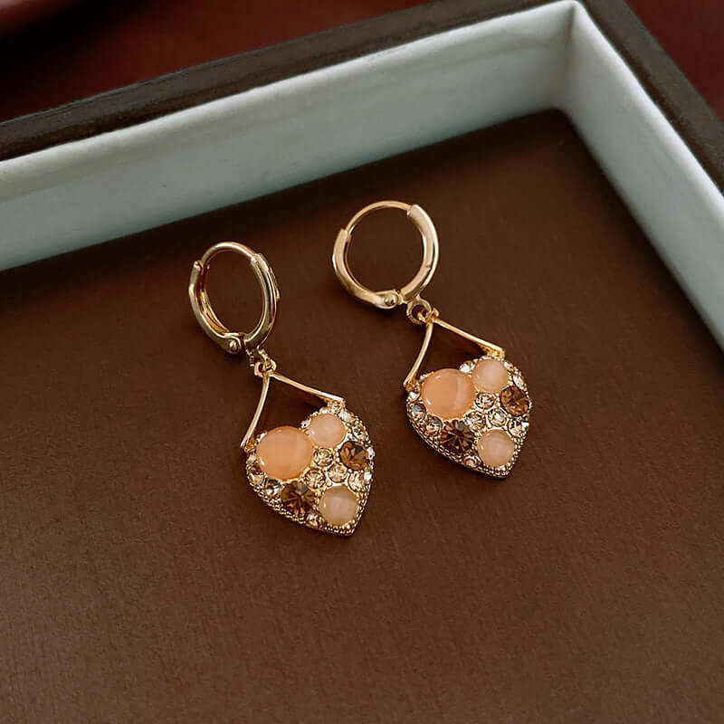 Cat Eye Stone Golden Heart Earrings Hoop