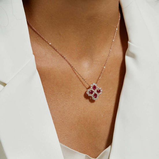 Retro Lab Crafted Emerald Ruby Clover Necklace