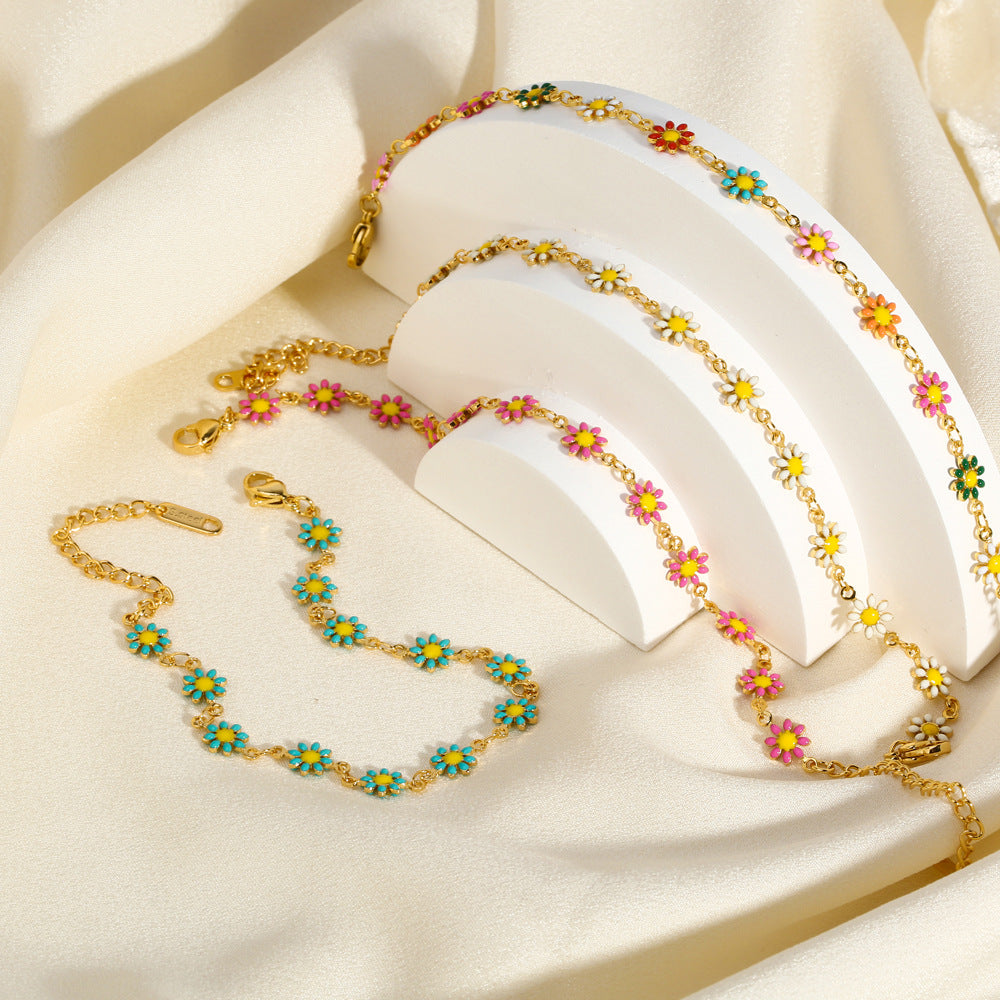 Color Enamel Small Flower Bracelet & Necklace Set