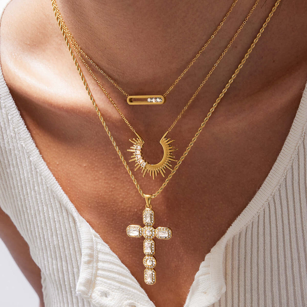 Sun Burst with Cross Layering Gold Necklace