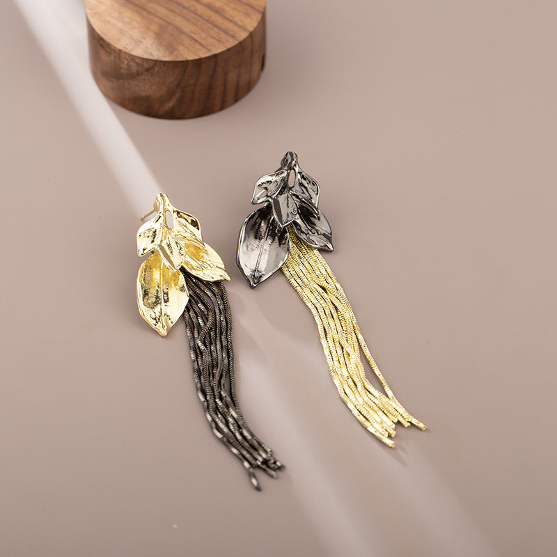 Mismatch Metallic Spiral Leaf Tassel Waterfall Earrings