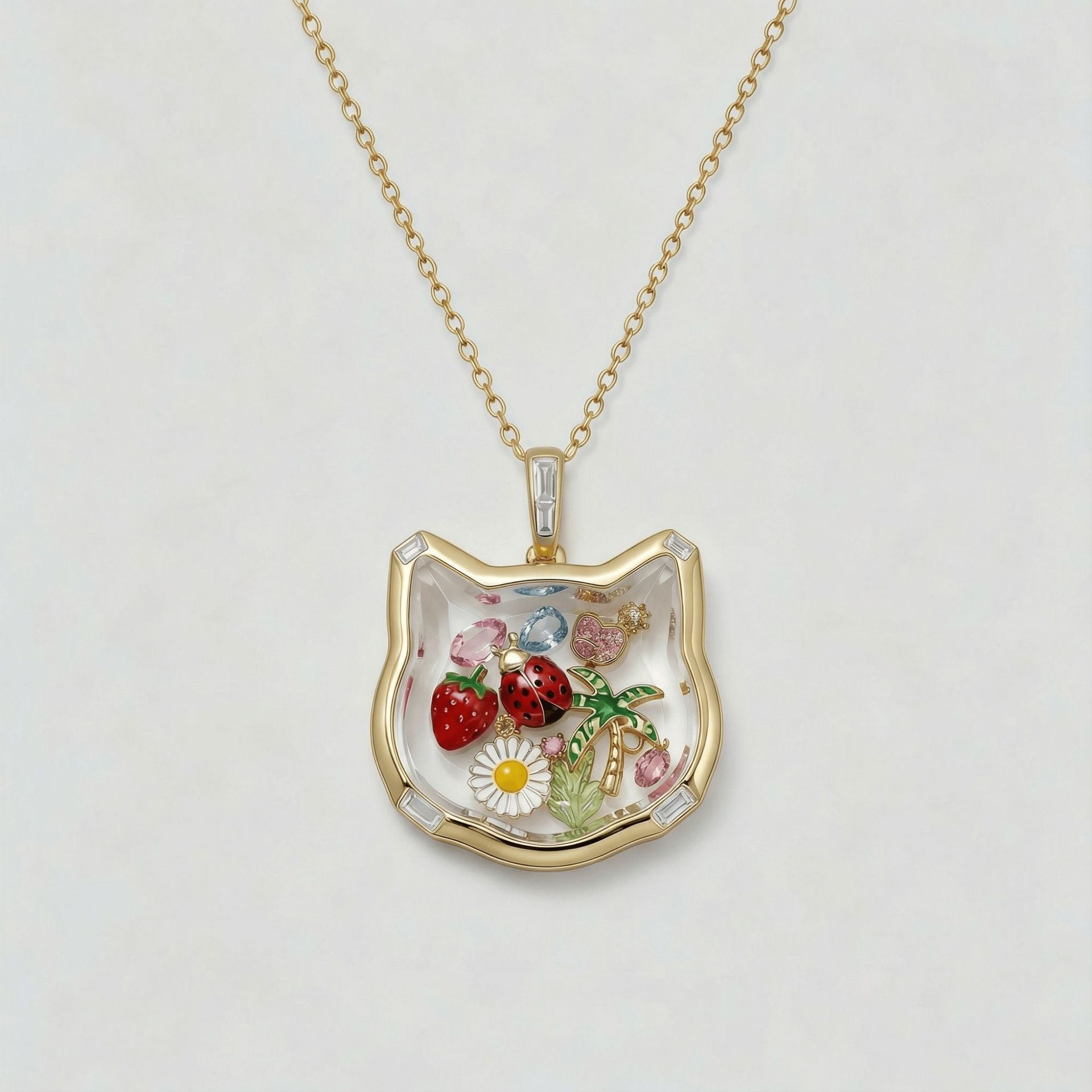Gold necklace with a cat-shaped pendant featuring floral and fruit designs on a light gray background.