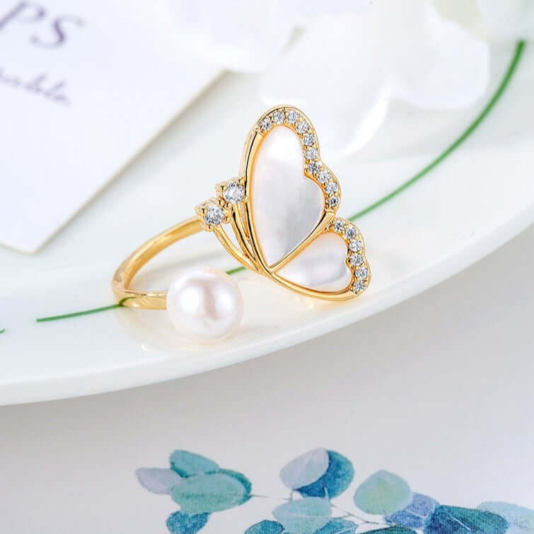 Fairy Butterfly Pearl Cocktail Rings