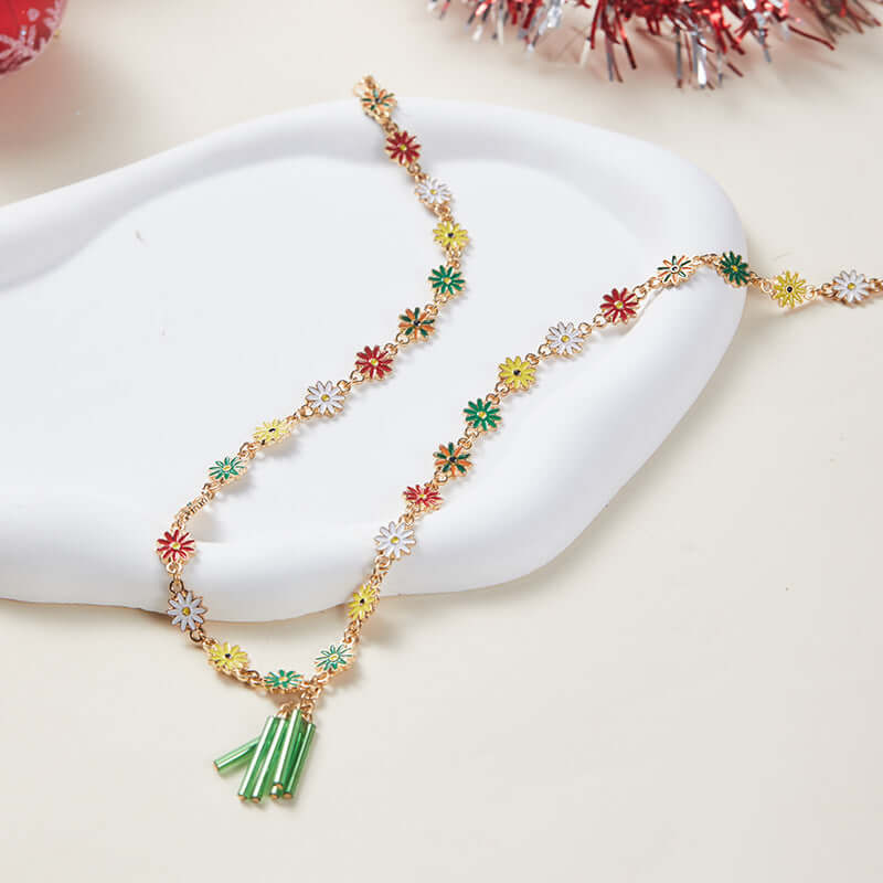 Rainbow Daisy Christmas Tree Pendant Choker Necklace