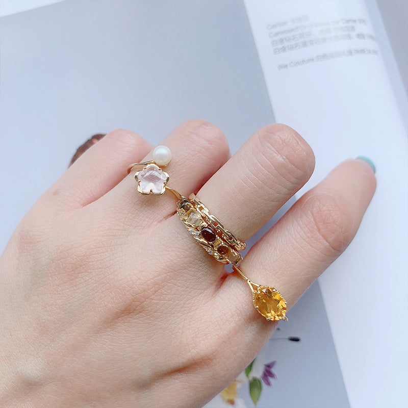 Vintage Citrine Smoky Quartz Stacking Chain Ring Set