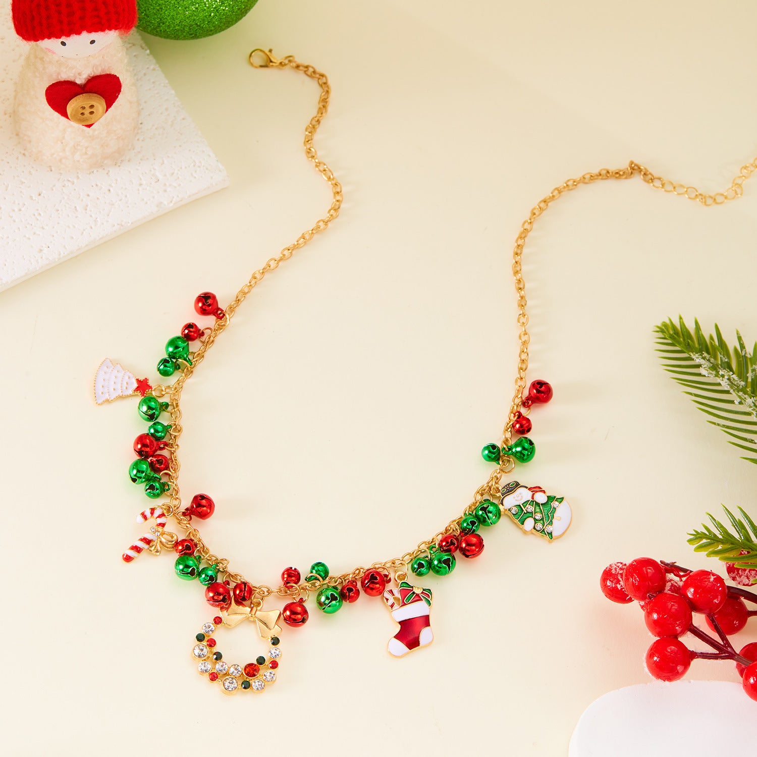 Santa Xmas Jingle Bell Red Green Pendant Holiday Necklace