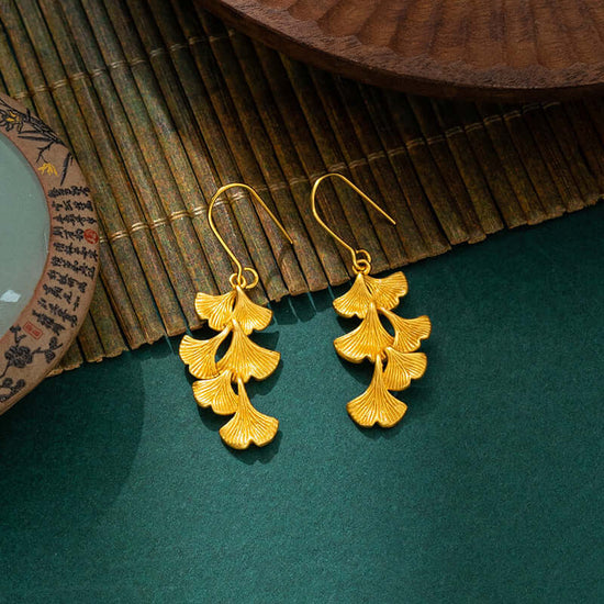 Golden Ginkgo Leaf Dangle Earrings