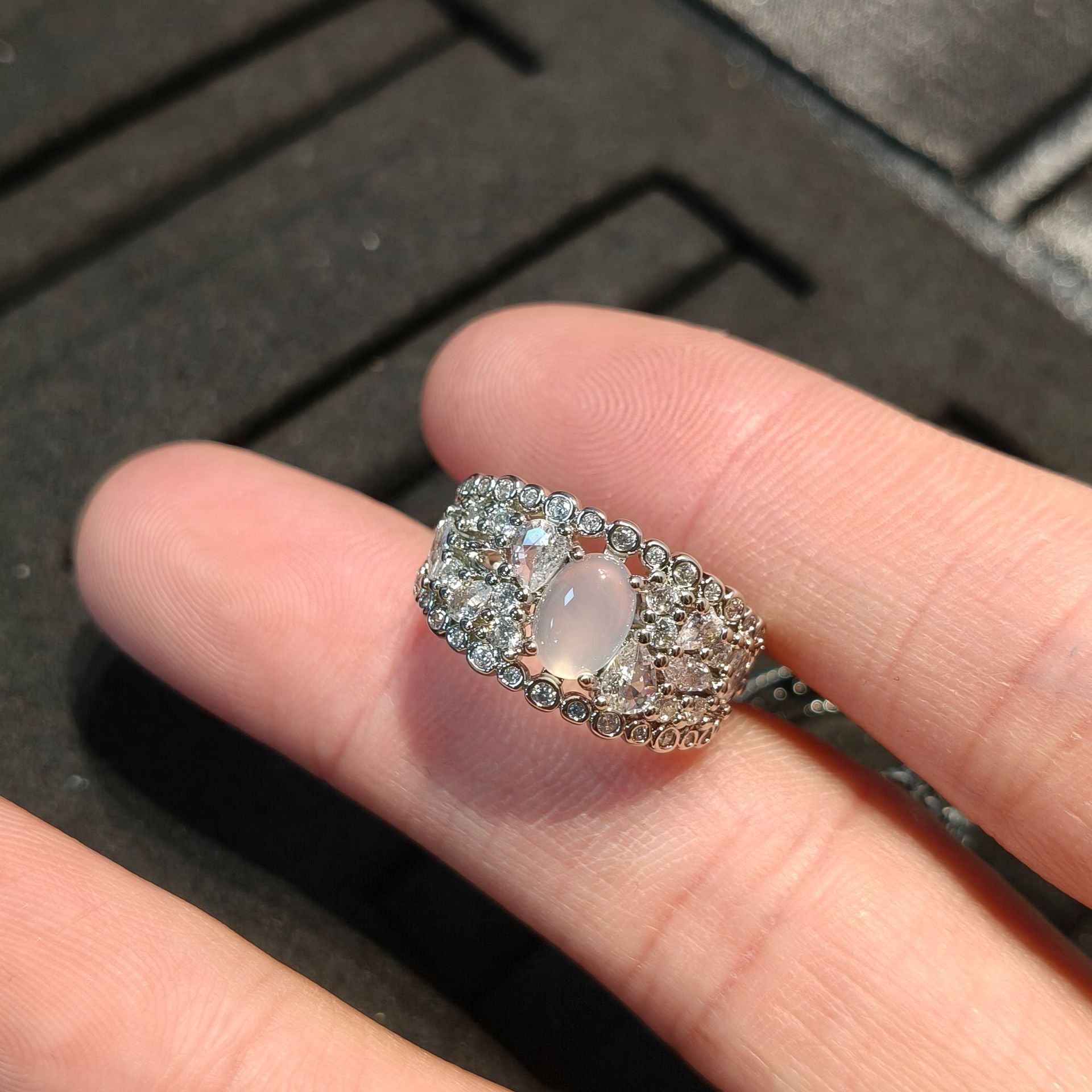 White Chalcedony Halo Statement Ring