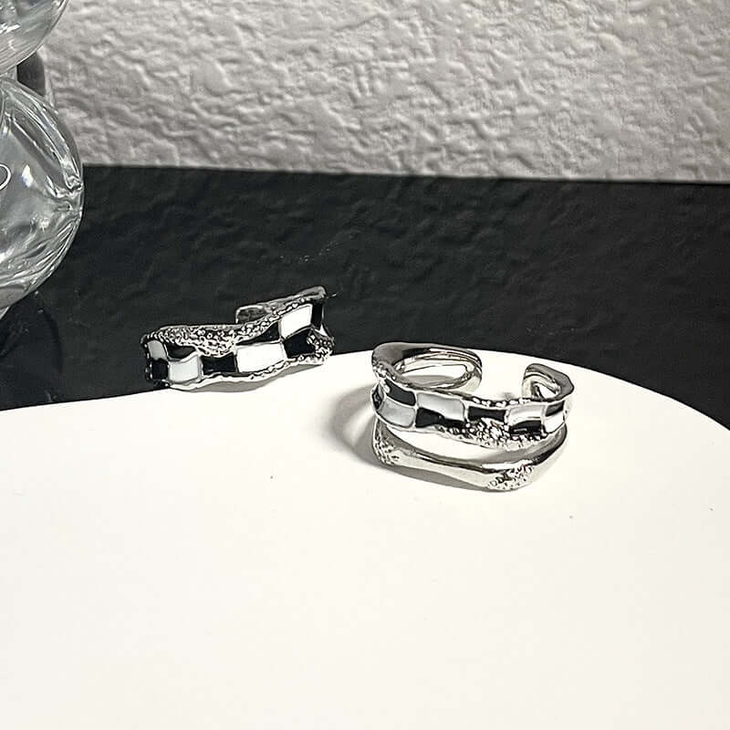 Black & White Checkerboard Layered Ring Silver