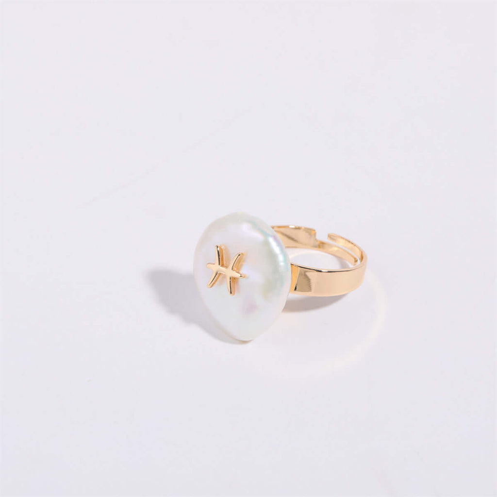 14K Horoscope Zodiac Sign Pearl Stacking Ring | MQ801